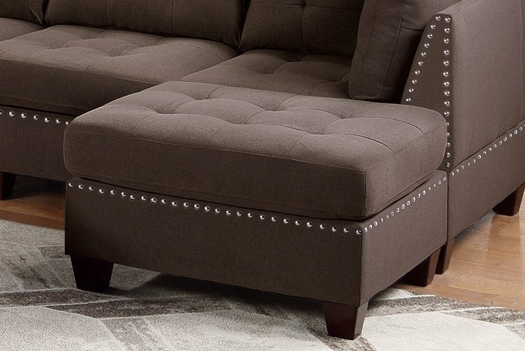 Contemporary Modular Sectional 8pc Set Living Room Furniture - Black Coffee Linen Like Fabric, Tufted Nail heads, Corner L-Sectional with 3x Corner Wedge, 3x Armless Chair, and 2x Ottoman