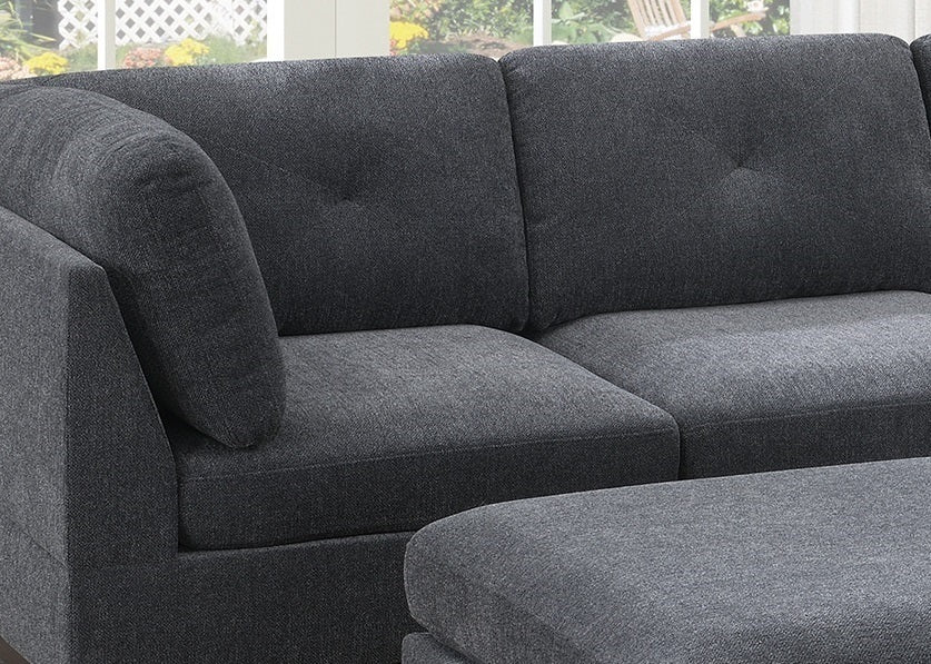 Ash Grey Chenille Fabric Modular Sectional 6pc Set Living Room Furniture Corner L-Sectional Couch with 2 Corner Wedges, 2 Armless Chairs, and 2 Ottomans - Tufted Back, Exposed Wooden Base