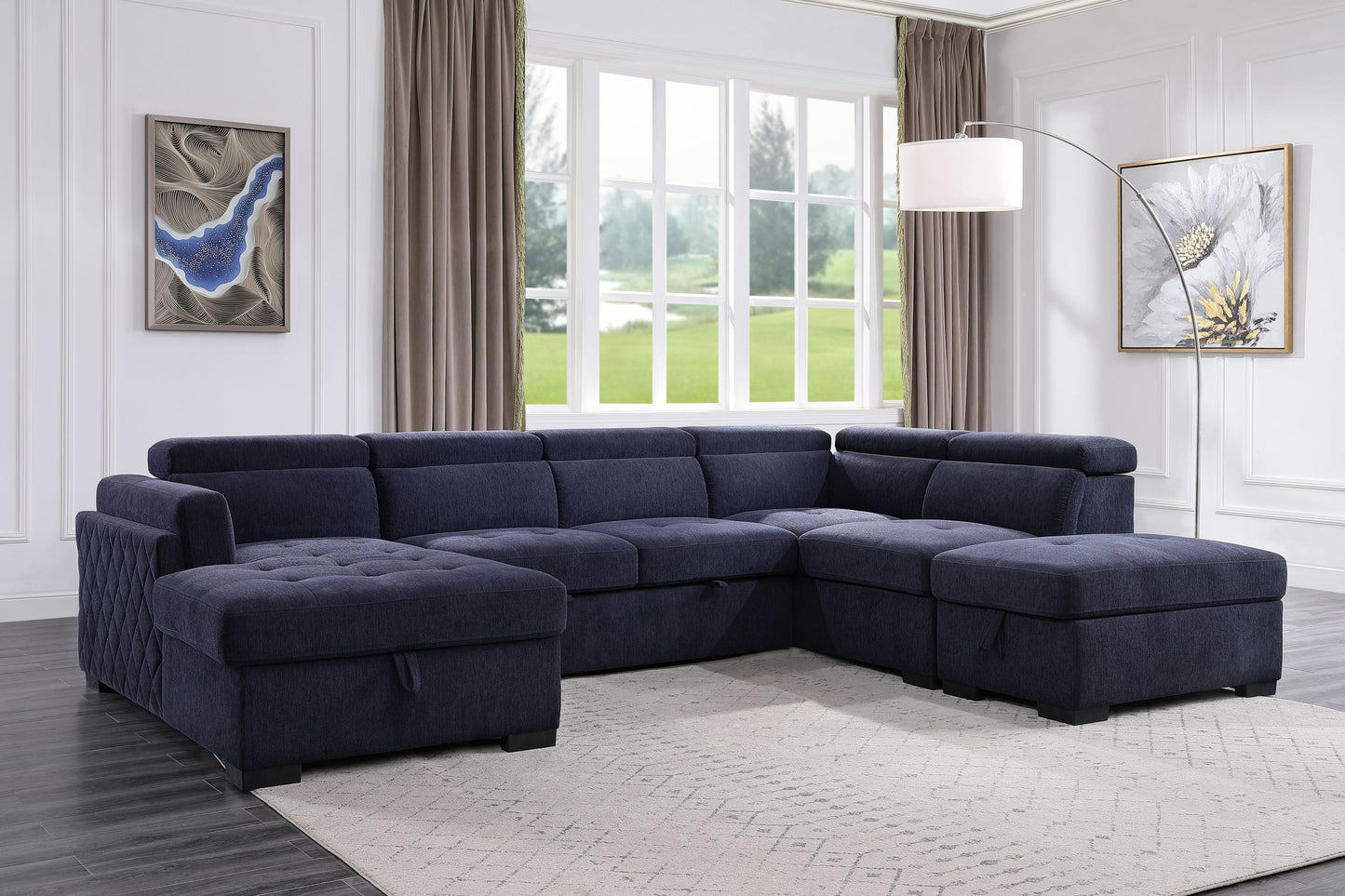 Navy Blue Fabric Sleeper Sectional Sofa and Ottoman: ACME Nekoda Storage, Comfortable, Stylish, Spacious - 55520
