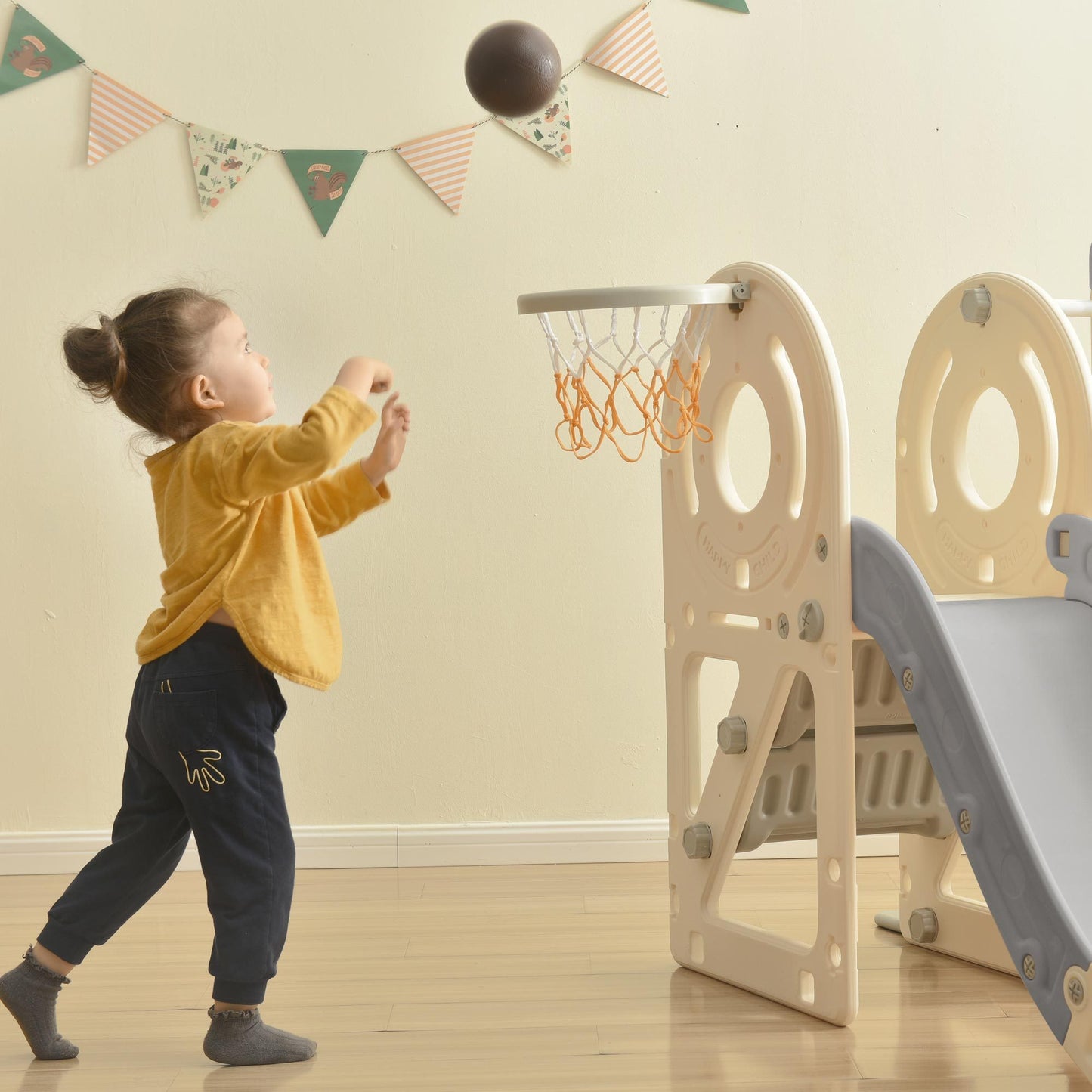 Kids Slide Playset Structure 9 in 1: Freestanding Castle Climbing Crawling Playhouse with Slide, Arch Tunnel, Ring Toss, Bus Model, Basketball Hoop & Toy Storage Organizer for Toddlers