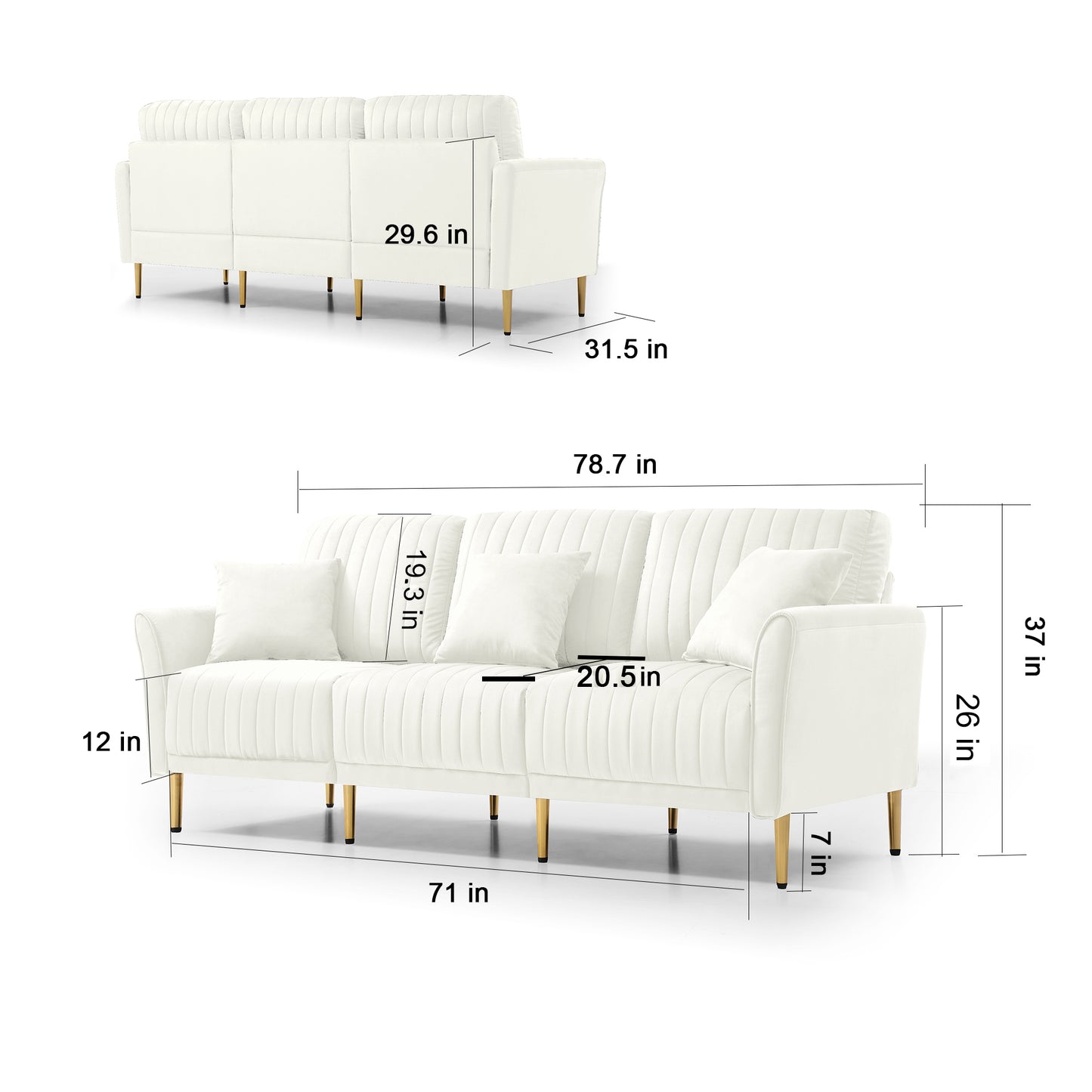 Modern Upholstered Sofa 3 Seater & 2 Seater Couches for Living Room Sectional Sofas with Throw Pillows and Gold Metal Legs, Cream Velvet