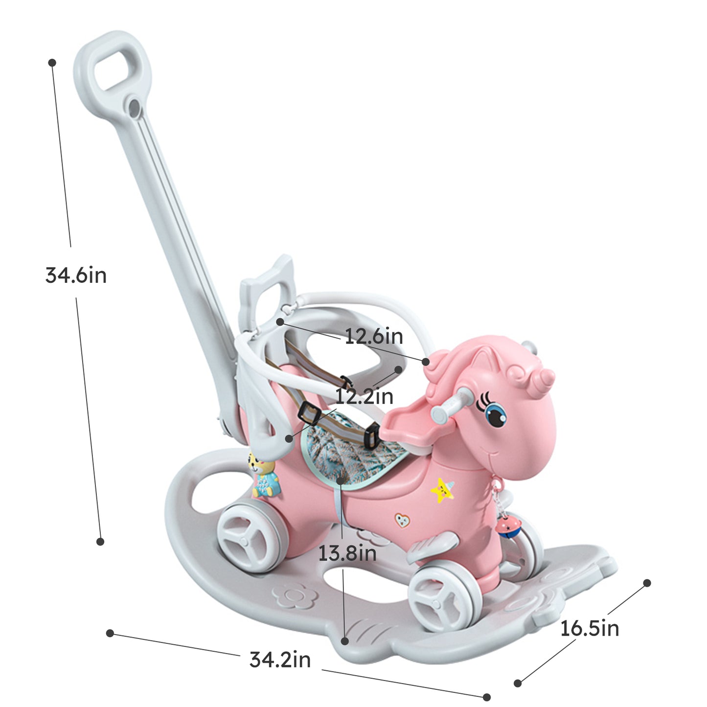 Rocking Horse for Toddlers, Balance Bike Ride On Toys with Push Handle, Backrest and Balance Board - Unicorn Kids Pink Color