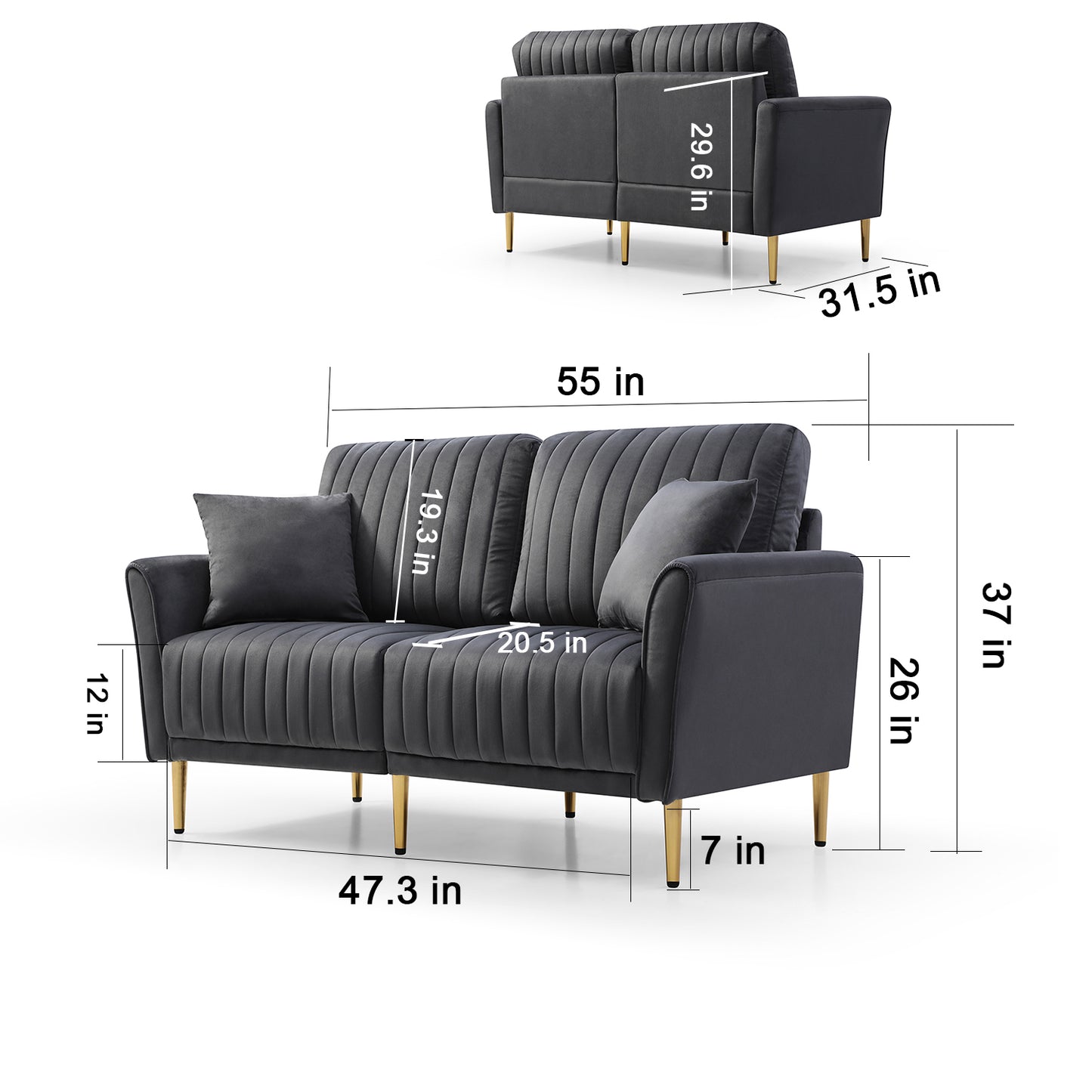 Grey Velvet Couch and Sofa Set for Living Room, 2-Piece Modern Sofas Set with Removable Cushions and Free Throw Pillow - Furniture Set for Comfort and Style (Color: Grey, Size: 2 Seats)