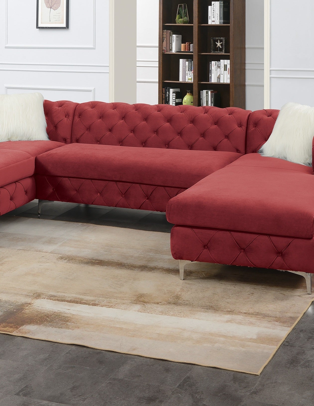Gorgeous Living Room U-Sectional Burgundy Velvet Tufted Cushion Couch LAF and RAF Chaise Armless Loveseat: Luxurious Velvet U-Sectional Couch with Tufted Cushions and Armless Loveseat in Burgundy Color