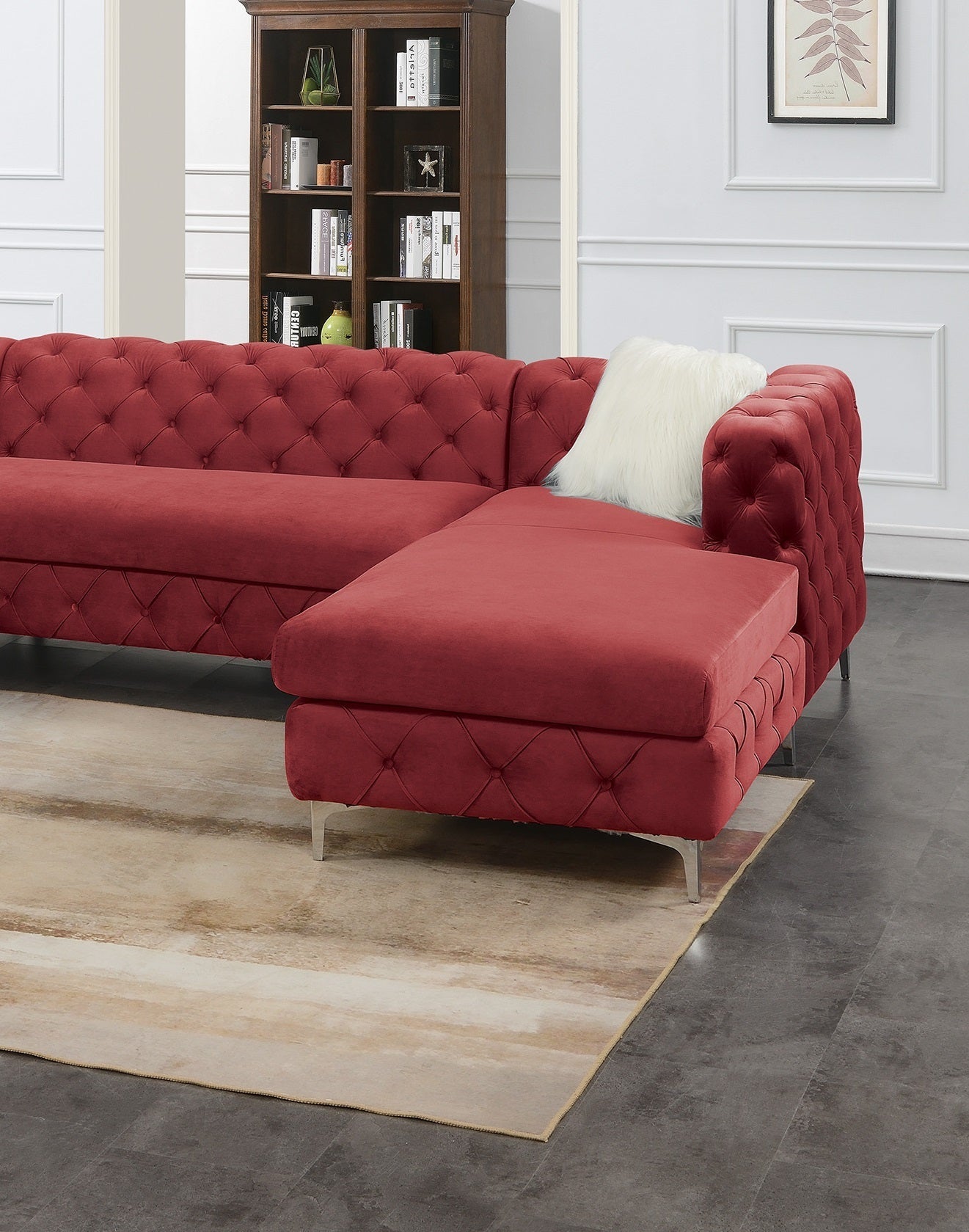 Gorgeous Living Room U-Sectional Burgundy Velvet Tufted Cushion Couch LAF and RAF Chaise Armless Loveseat: Luxurious Velvet U-Sectional Couch with Tufted Cushions and Armless Loveseat in Burgundy Color