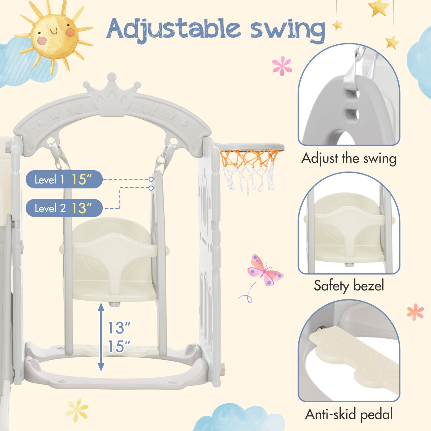 Toddler Slide and Swing Set: 5 in 1, Kids Playground Climber Slide Playset with Basketball Hoop, Freestanding Combination for Indoor & Outdoor Use