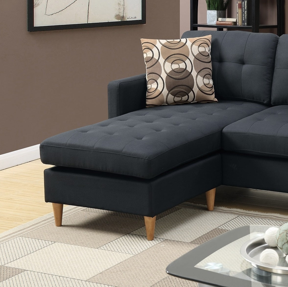 Black Polyfiber Sectional Sofa Living Room Furniture with Reversible Chaise, Pillows, Tufted Back, and Modular Design