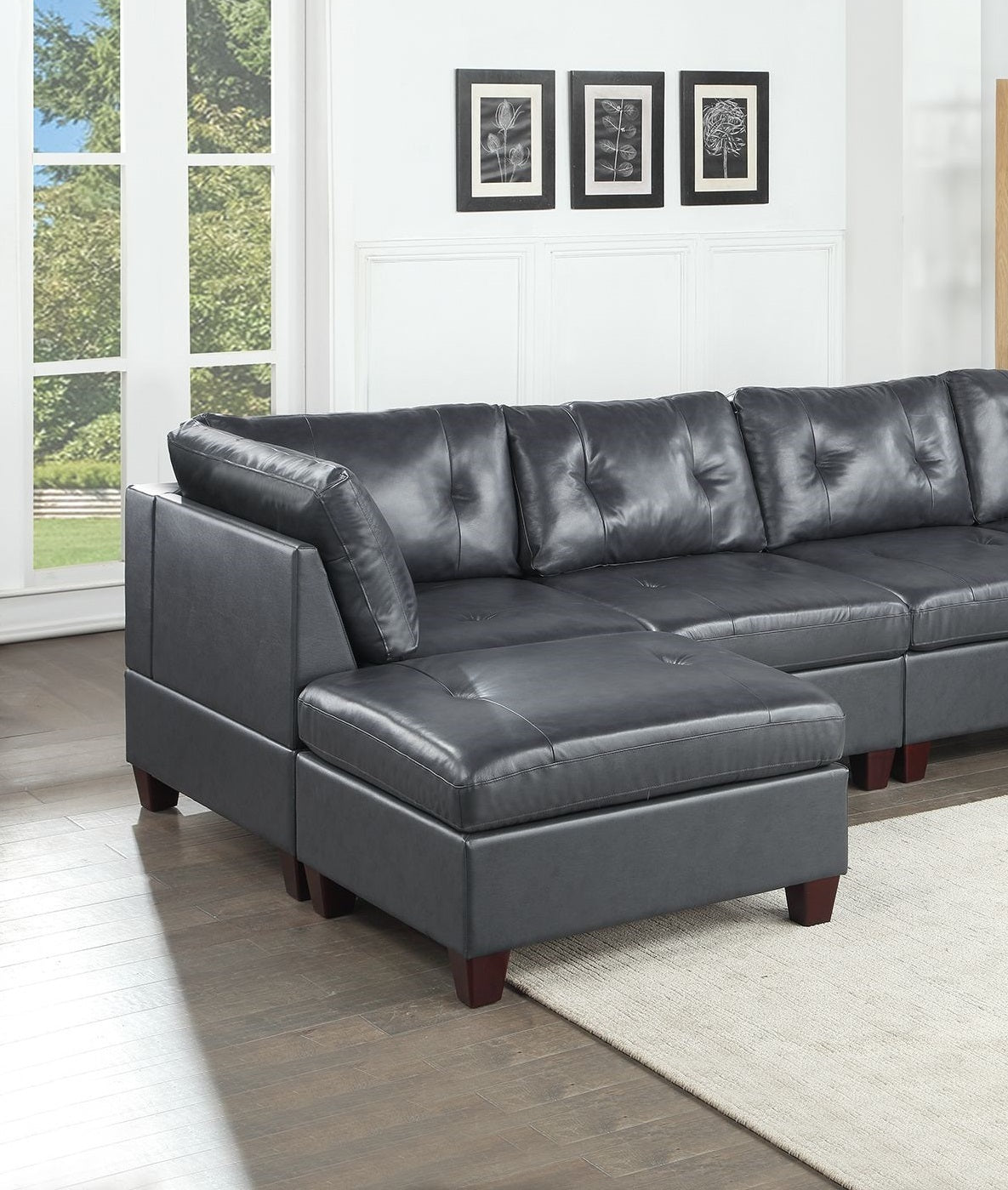 Genuine Leather Black Tufted 6pc Sectional Set - Corner Wedge, Armless Chair, Ottomans - Living Room Furniture Sofa Couch