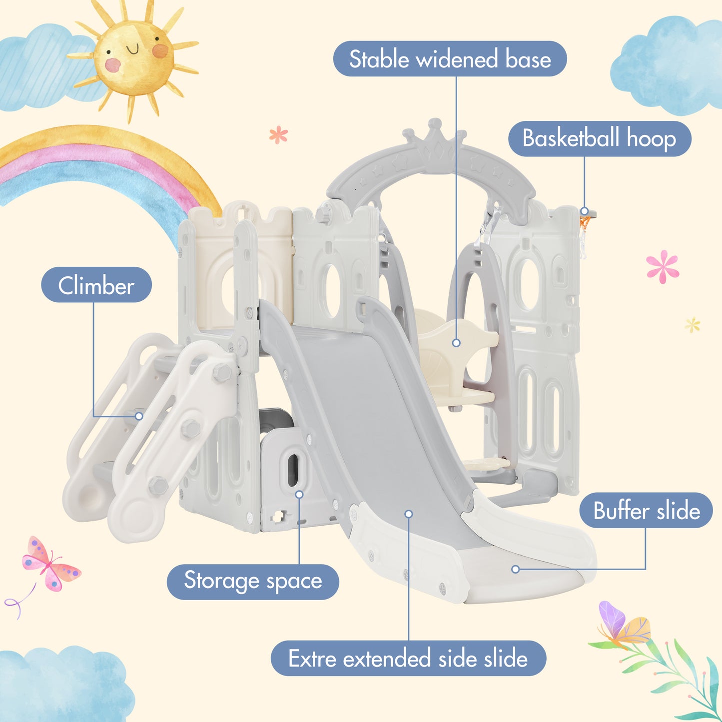Toddler Slide and Swing Set: 5 in 1, Kids Playground Climber Slide Playset with Basketball Hoop, Freestanding Combination for Indoor & Outdoor Use