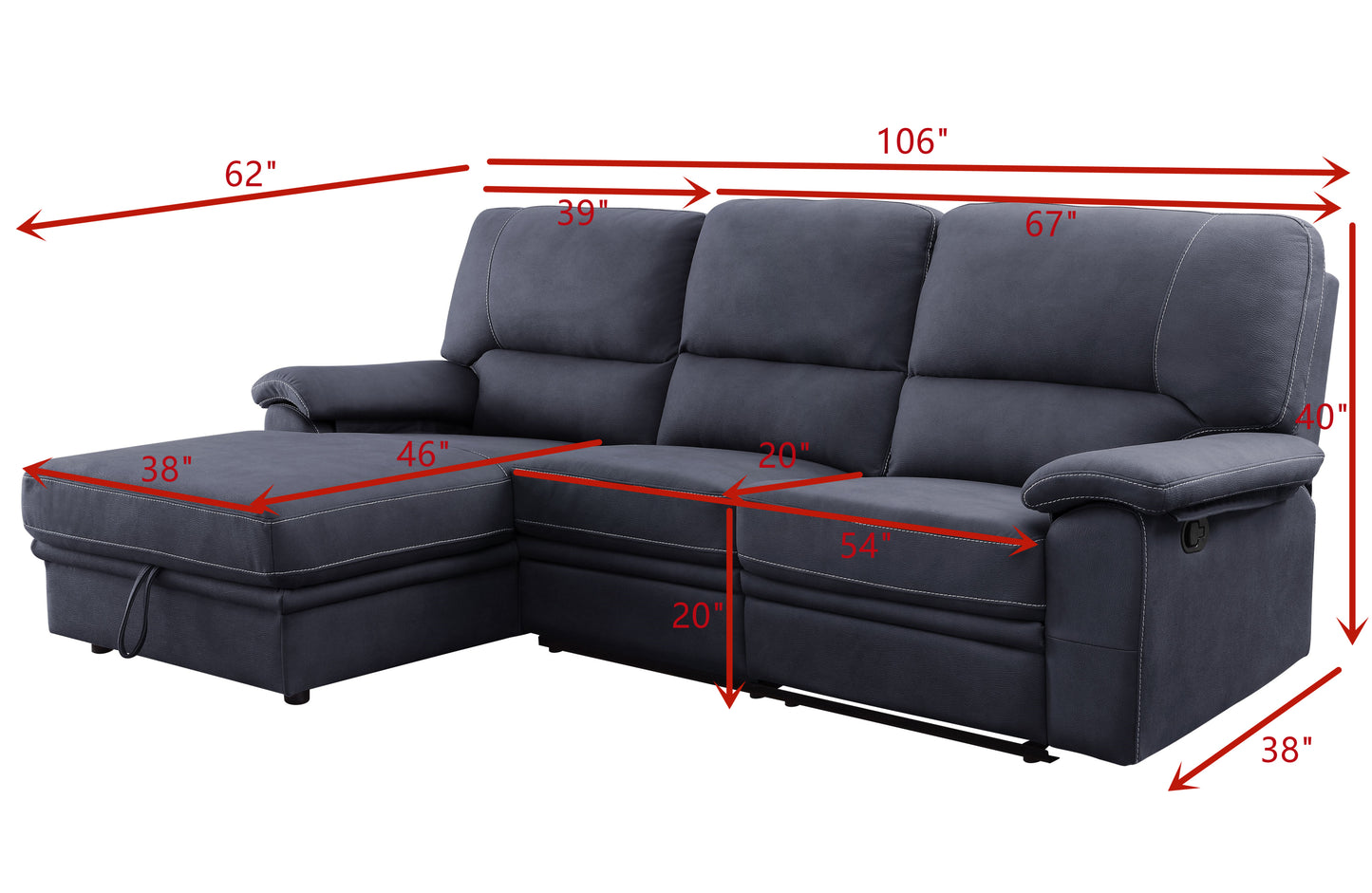Trifora Reclining Storage Sectional Sofa: Dark Gray Fabric, ACME 51605