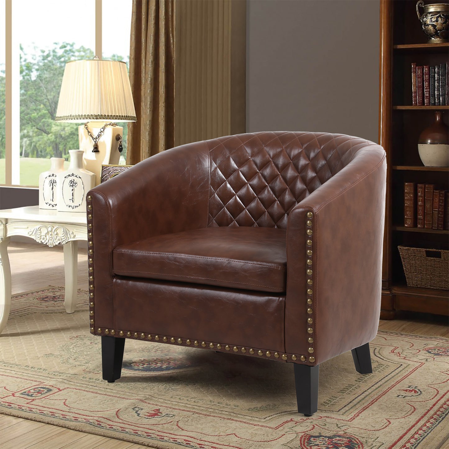 Accent Barrel Chair with Nailheads and Solid Wood Legs - Brown PU Leather - COOLMORE Living Room Chair