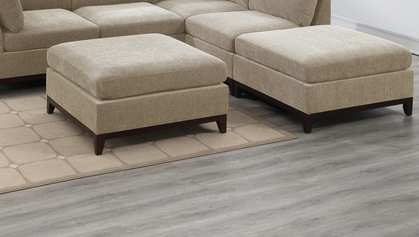 Camel Chenille Fabric Modular Sectional 6pc Set: L-Sectional Couch, Corner Wedge, Armless Chairs, Ottomans, Tufted Back, Wooden Base