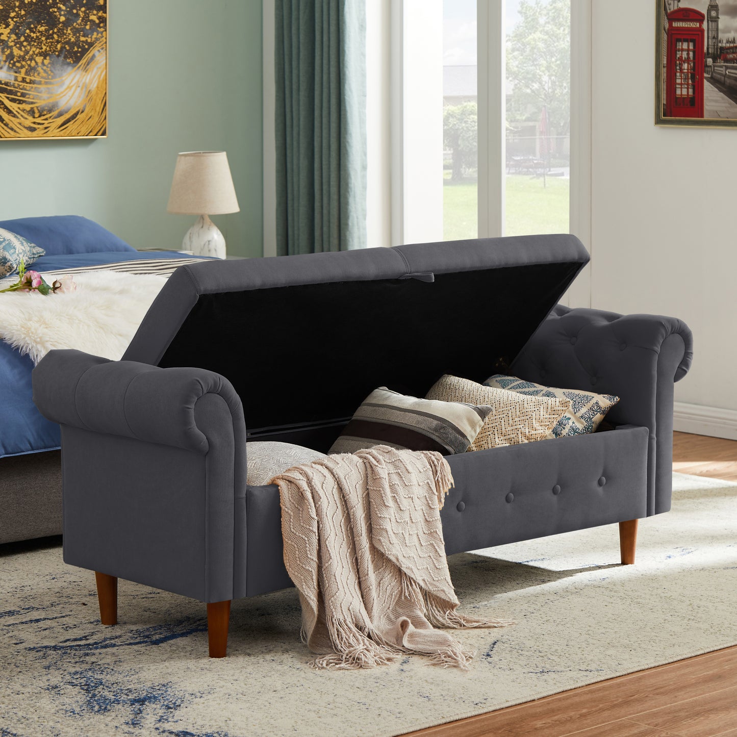 Dark Gray Multifunctional Storage Rectangular Sofa Stool: Spacious and Stylish Seating with Concealed Storage