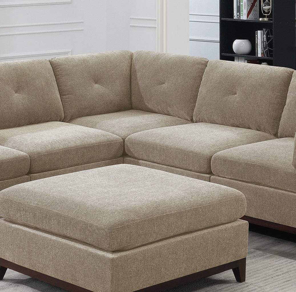 Camel Chenille Fabric Modular Sectional 6pc Set - Corner Sectional Couch with 3x Corner Wedge, 2x Armless Chairs, and 1x Ottoman Tufted Back - Living Room Furniture