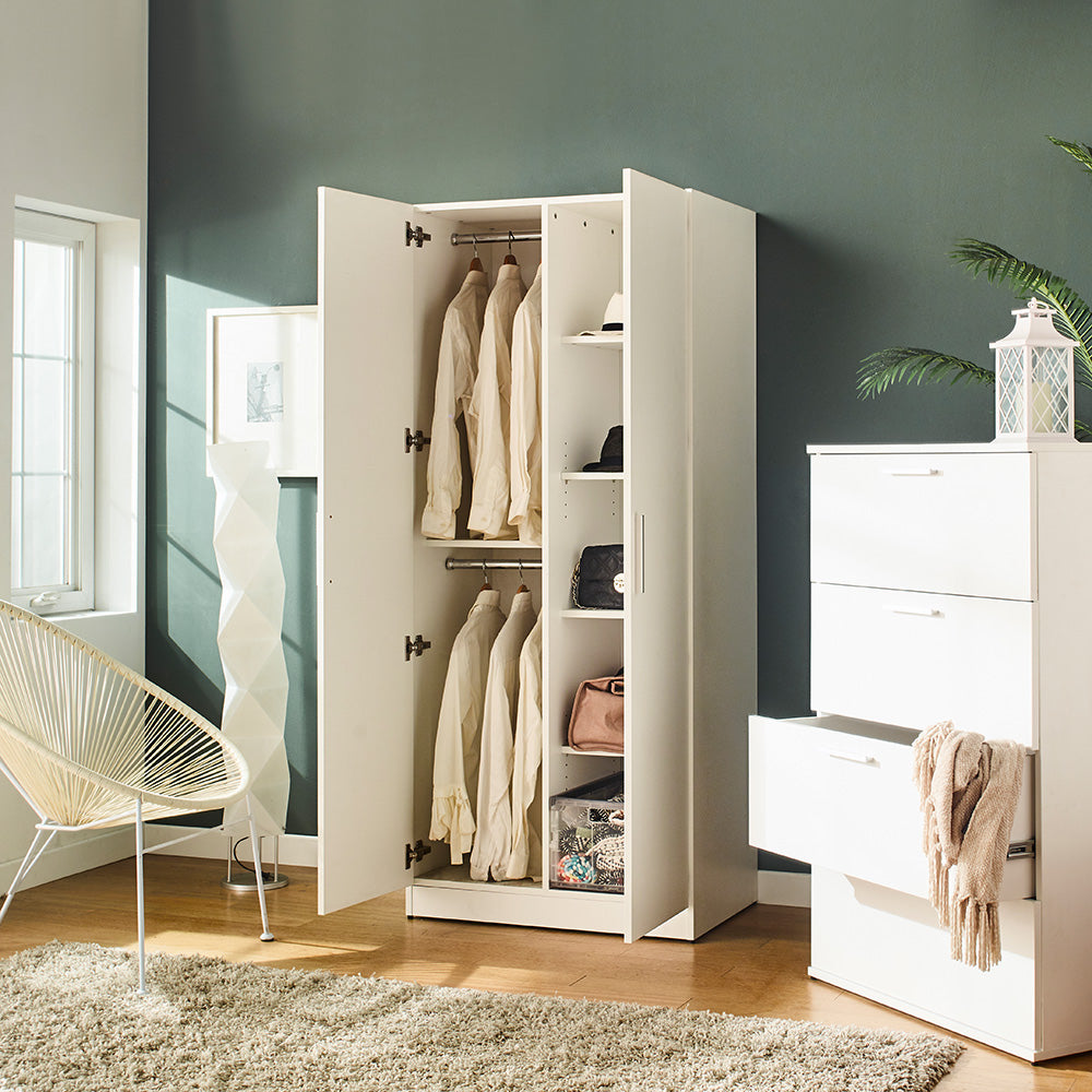 Klair Living Contemporary Wood Closet with Hanging Bars and Five Shelves in White