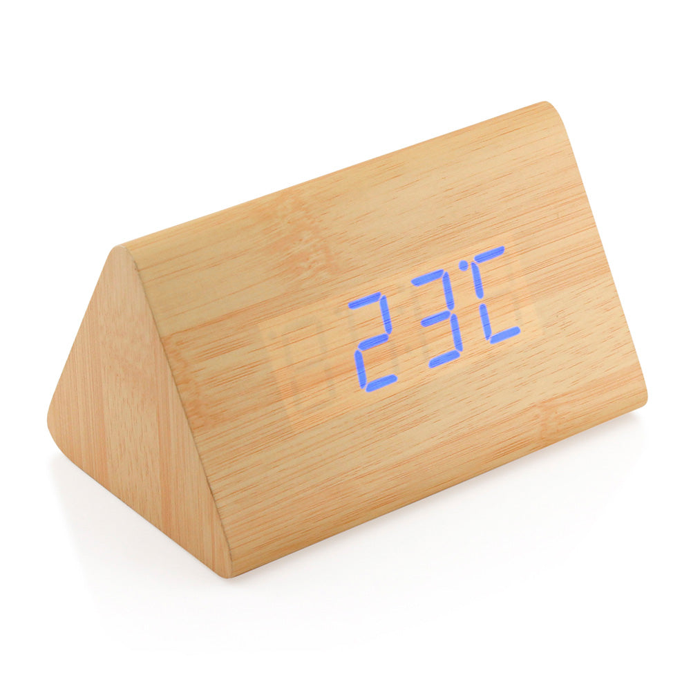 GEARONIC TM Modern Triangle Wood Clock Digital LED Wooden Alarm Clocks Digital Desk Thermometer Classical Timer Calendar