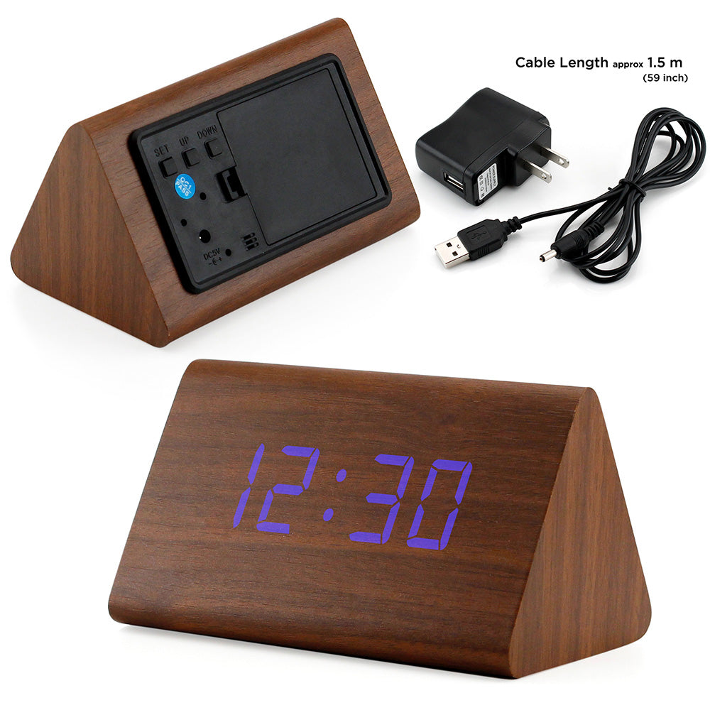 GEARONIC TM Modern Triangle Wood Clock Digital LED Wooden Alarm Clocks Digital Desk Thermometer Classical Timer Calendar
