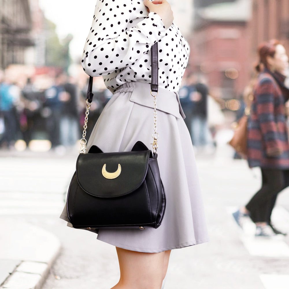 Oct17 Moon Luna Design Purse Kitty Cat satchel shoulder bag Designer Women Handbag Tote PU Leather Girls Teens School Sailer Style