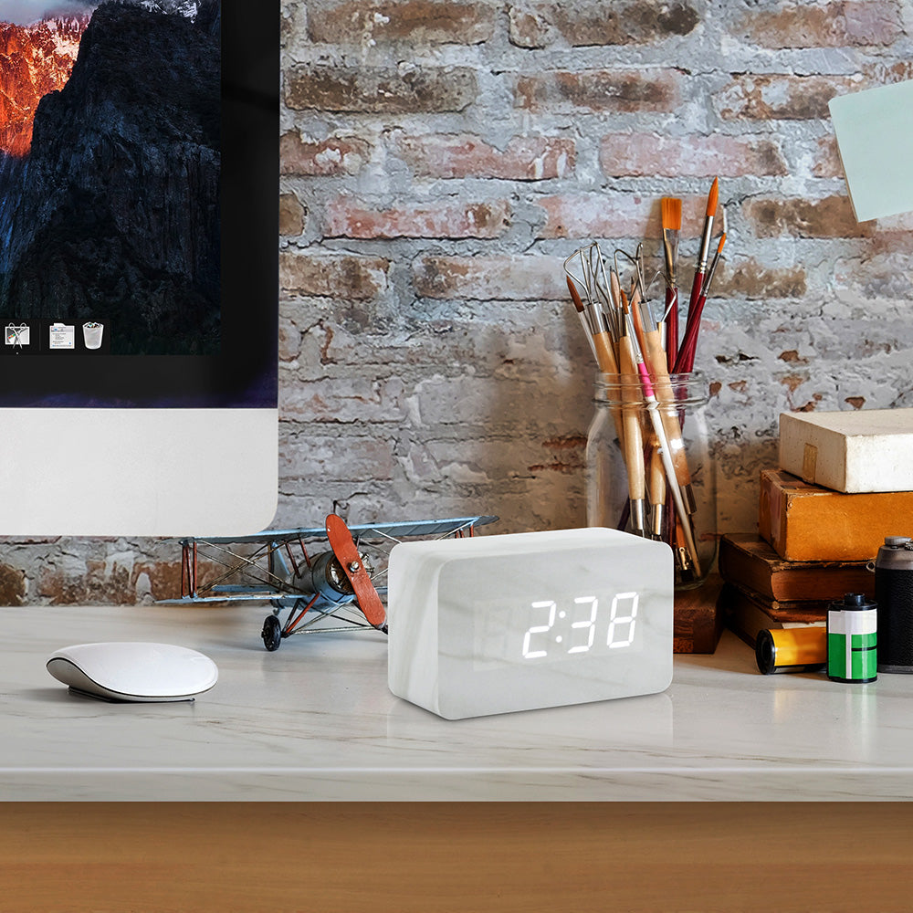 Oct17 Marble Pattern Alarm Clock, Fashion Multi-Function LED Alarm Clocks Stone Cube with USB Power Supply, Voice Control, Timer, Thermometer