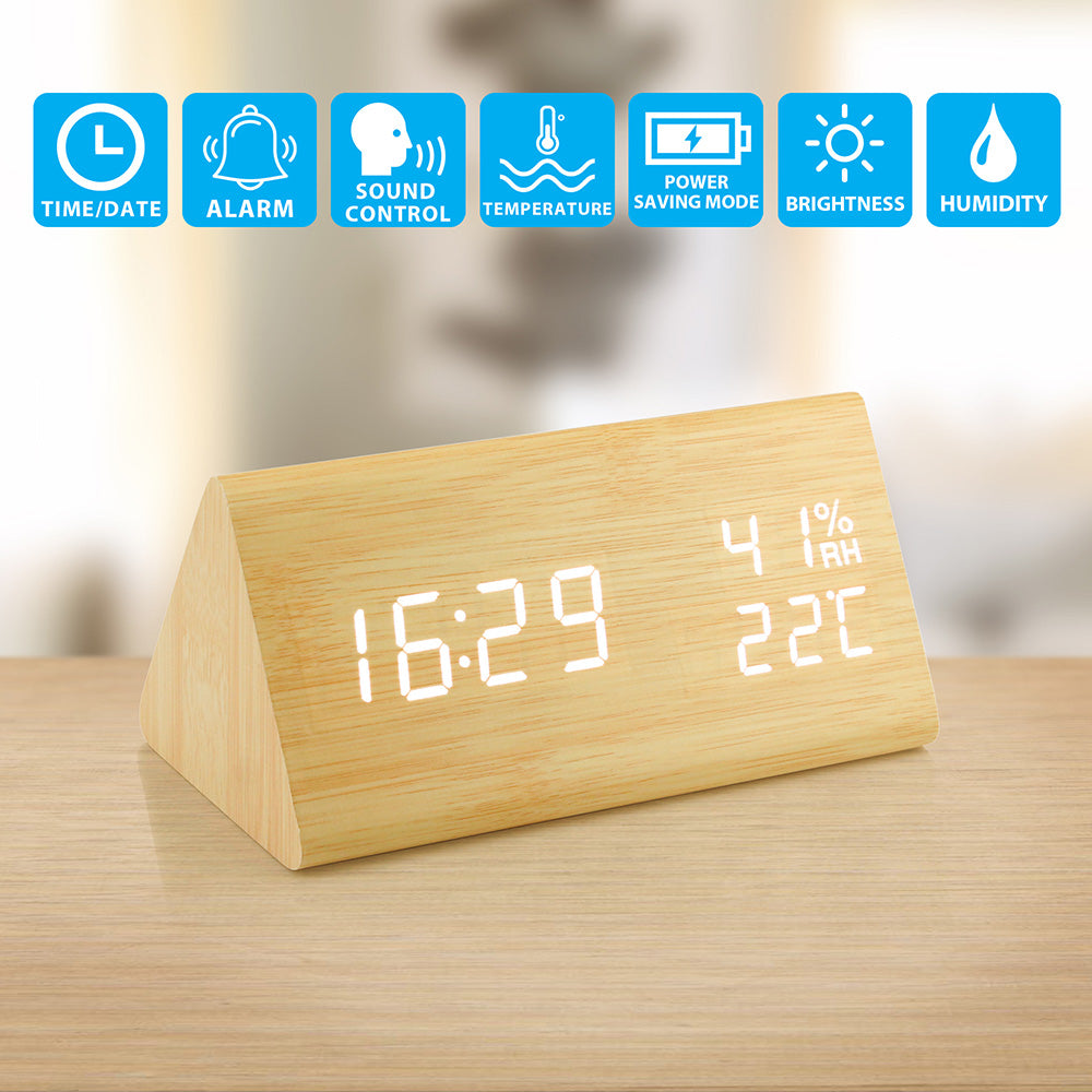 OCT17 Wooden Alarm Clock, Wood LED Digital Desk Clock, Upgraded with Time Temperature, Adjustable Brightness and Voice Control, Humidity Displaying