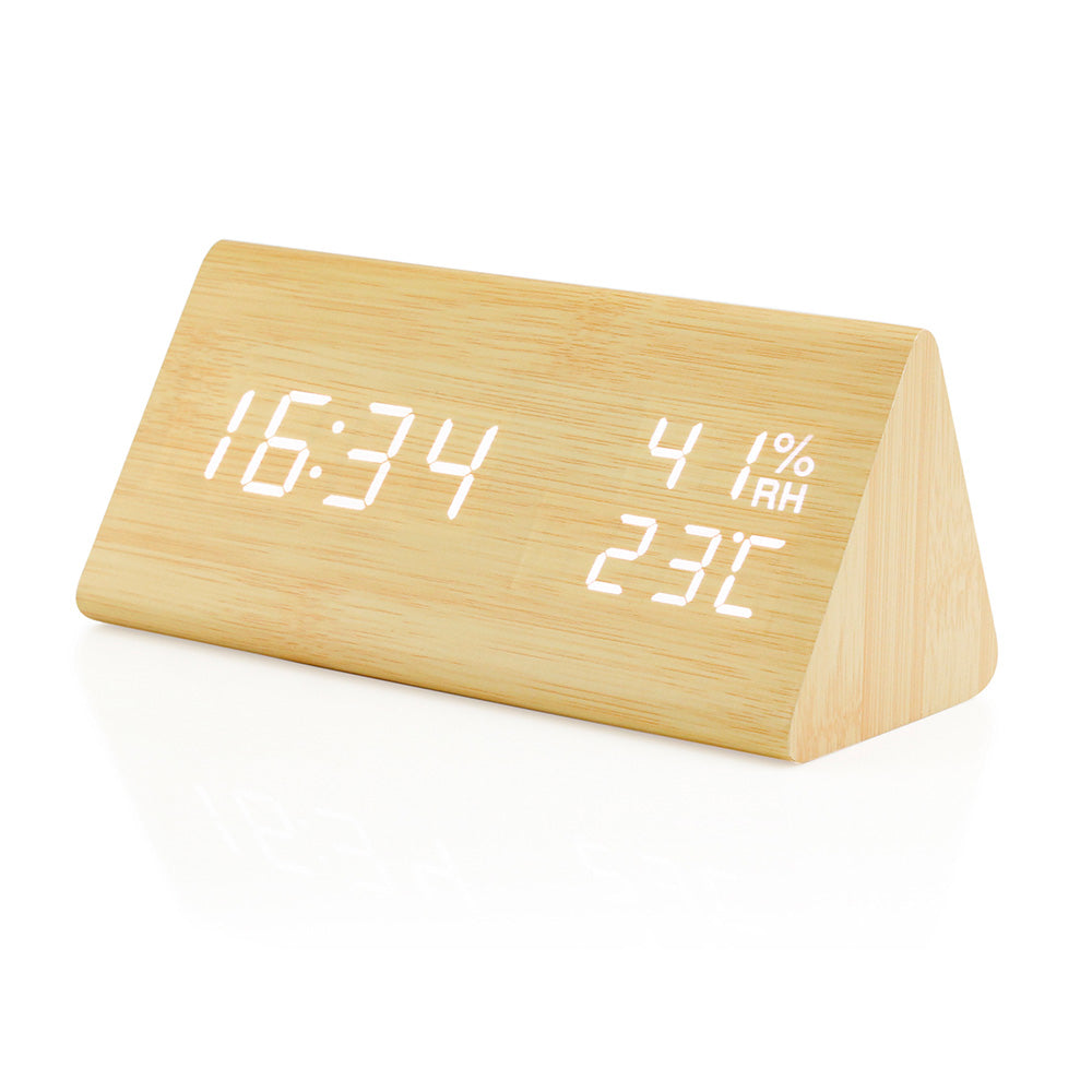 OCT17 Wooden Alarm Clock, Wood LED Digital Desk Clock, Upgraded with Time Temperature, Adjustable Brightness and Voice Control, Humidity Displaying