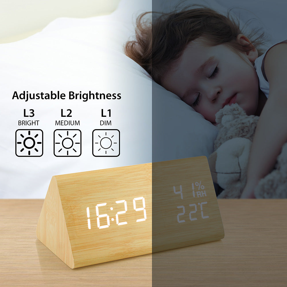 OCT17 Wooden Alarm Clock, Wood LED Digital Desk Clock, Upgraded with Time Temperature, Adjustable Brightness and Voice Control, Humidity Displaying