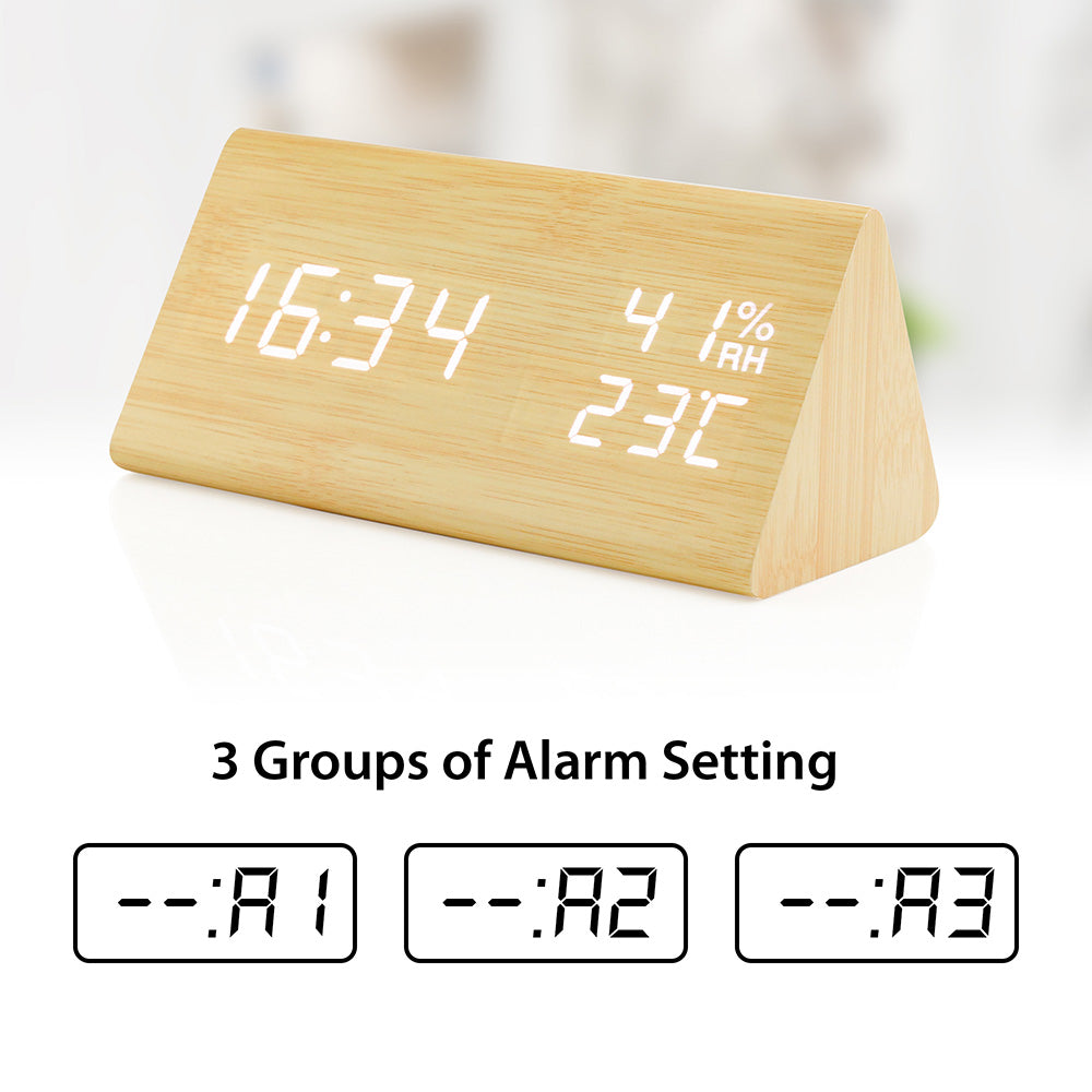 OCT17 Wooden Alarm Clock, Wood LED Digital Desk Clock, Upgraded with Time Temperature, Adjustable Brightness and Voice Control, Humidity Displaying