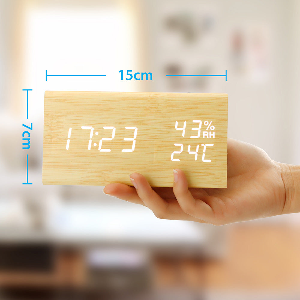 OCT17 Wooden Alarm Clock, Wood LED Digital Desk Clock, Upgraded with Time Temperature, Adjustable Brightness and Voice Control, Humidity Displaying