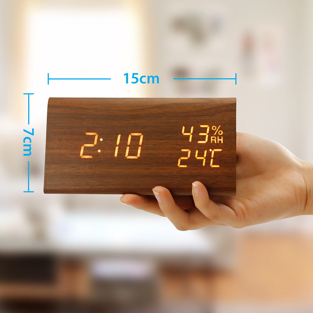 OCT17 Wooden Alarm Clock, Wood LED Digital Desk Clock, Upgraded with Time Temperature, Adjustable Brightness and Voice Control, Humidity Displaying
