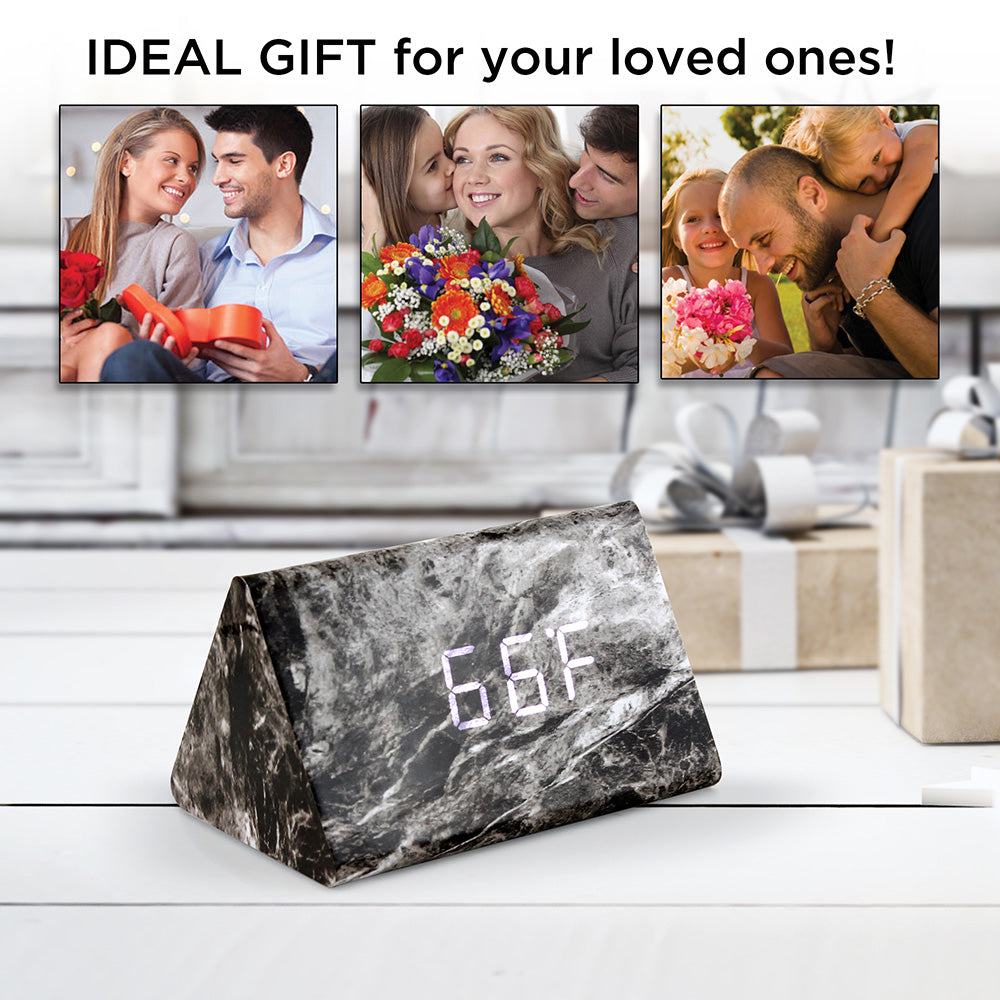 Oct17 Marble Pattern Alarm Clock, Fashion Multi-Function LED Triangle Alarm Clocks Stone Cube with USB Power Supply, Voice Control, Timer, Thermometer
