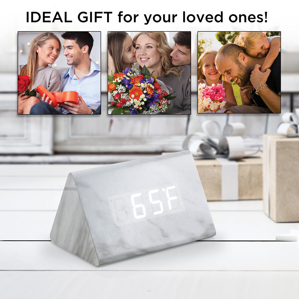 Oct17 Marble Pattern Alarm Clock, Fashion Multi-Function LED Triangle Alarm Clocks Stone Cube with USB Power Supply, Voice Control, Timer, Thermometer