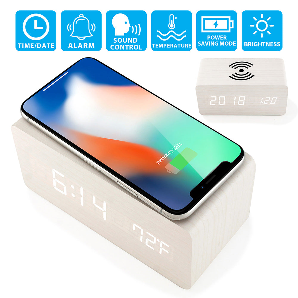 Oct17 Wooden Alarm Clock with Qi Wireless Charging Pad Compatible with iPhone Samsung Wood LED Digital Clock Sound Control Function, Time Date, Temperature Display for Bedroom Office Home