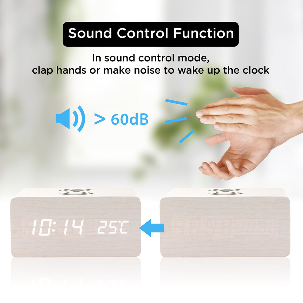 Oct17 Wooden Alarm Clock with Qi Wireless Charging Pad Compatible with iPhone Samsung Wood LED Digital Clock Sound Control Function, Time Date, Temperature Display for Bedroom Office Home