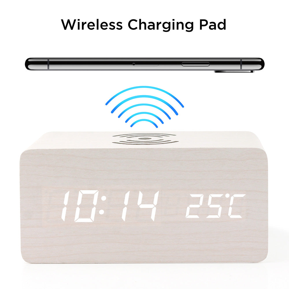 Oct17 Wooden Alarm Clock with Qi Wireless Charging Pad Compatible with iPhone Samsung Wood LED Digital Clock Sound Control Function, Time Date, Temperature Display for Bedroom Office Home