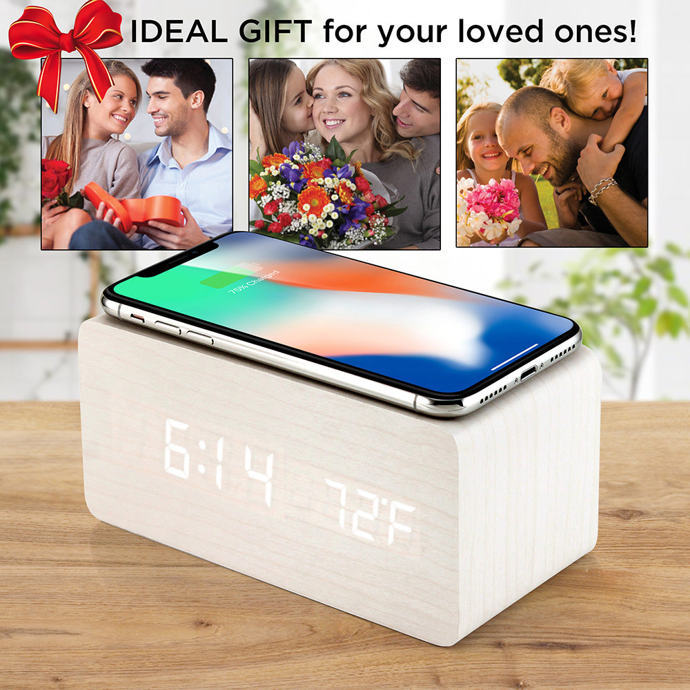 Oct17 Wooden Alarm Clock with Qi Wireless Charging Pad Compatible with iPhone Samsung Wood LED Digital Clock Sound Control Function, Time Date, Temperature Display for Bedroom Office Home