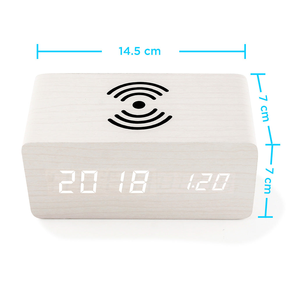 Oct17 Wooden Alarm Clock with Qi Wireless Charging Pad Compatible with iPhone Samsung Wood LED Digital Clock Sound Control Function, Time Date, Temperature Display for Bedroom Office Home