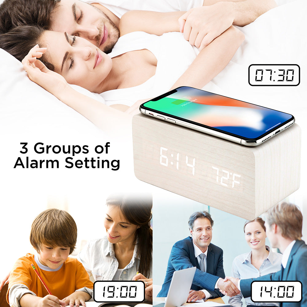 Oct17 Wooden Alarm Clock with Qi Wireless Charging Pad Compatible with iPhone Samsung Wood LED Digital Clock Sound Control Function, Time Date, Temperature Display for Bedroom Office Home