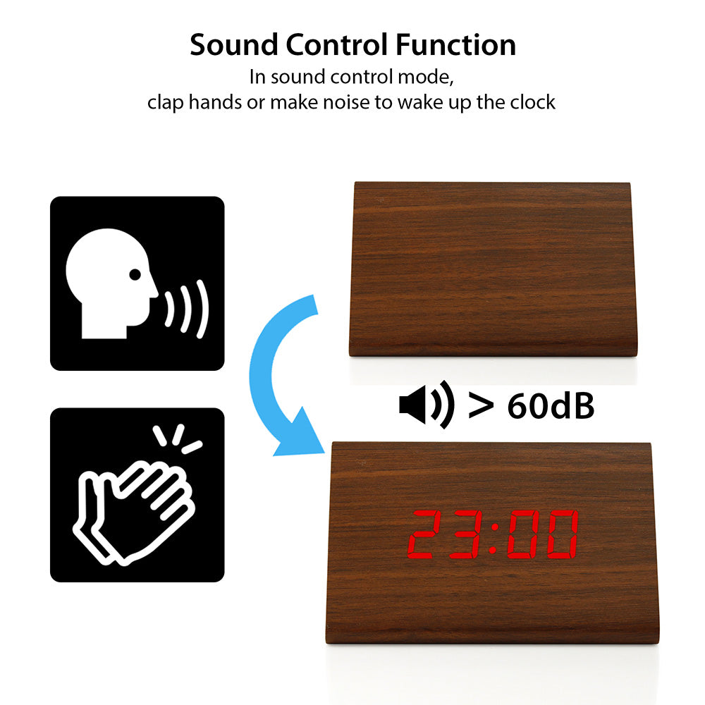 OCT17 Wooden Wood Clock , 2020 New Version LED Alarm Digital Desk Clock Adjustable Brightness, Alarm Time, Displays Time Date Temperature
