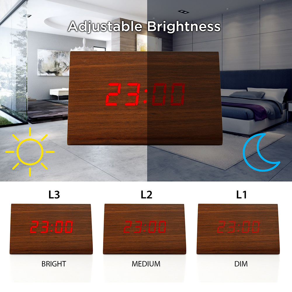 OCT17 Wooden Wood Clock , 2020 New Version LED Alarm Digital Desk Clock Adjustable Brightness, Alarm Time, Displays Time Date Temperature