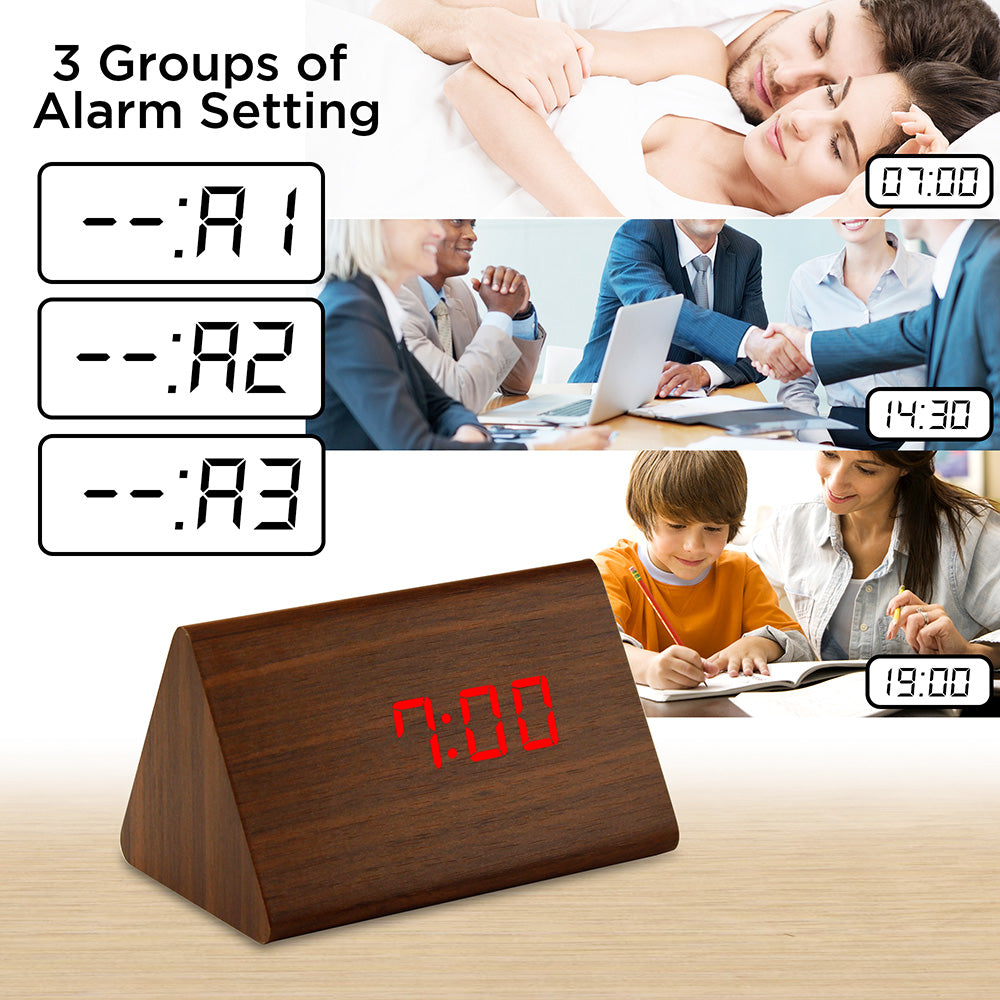OCT17 Wooden Wood Clock , 2020 New Version LED Alarm Digital Desk Clock Adjustable Brightness, Alarm Time, Displays Time Date Temperature