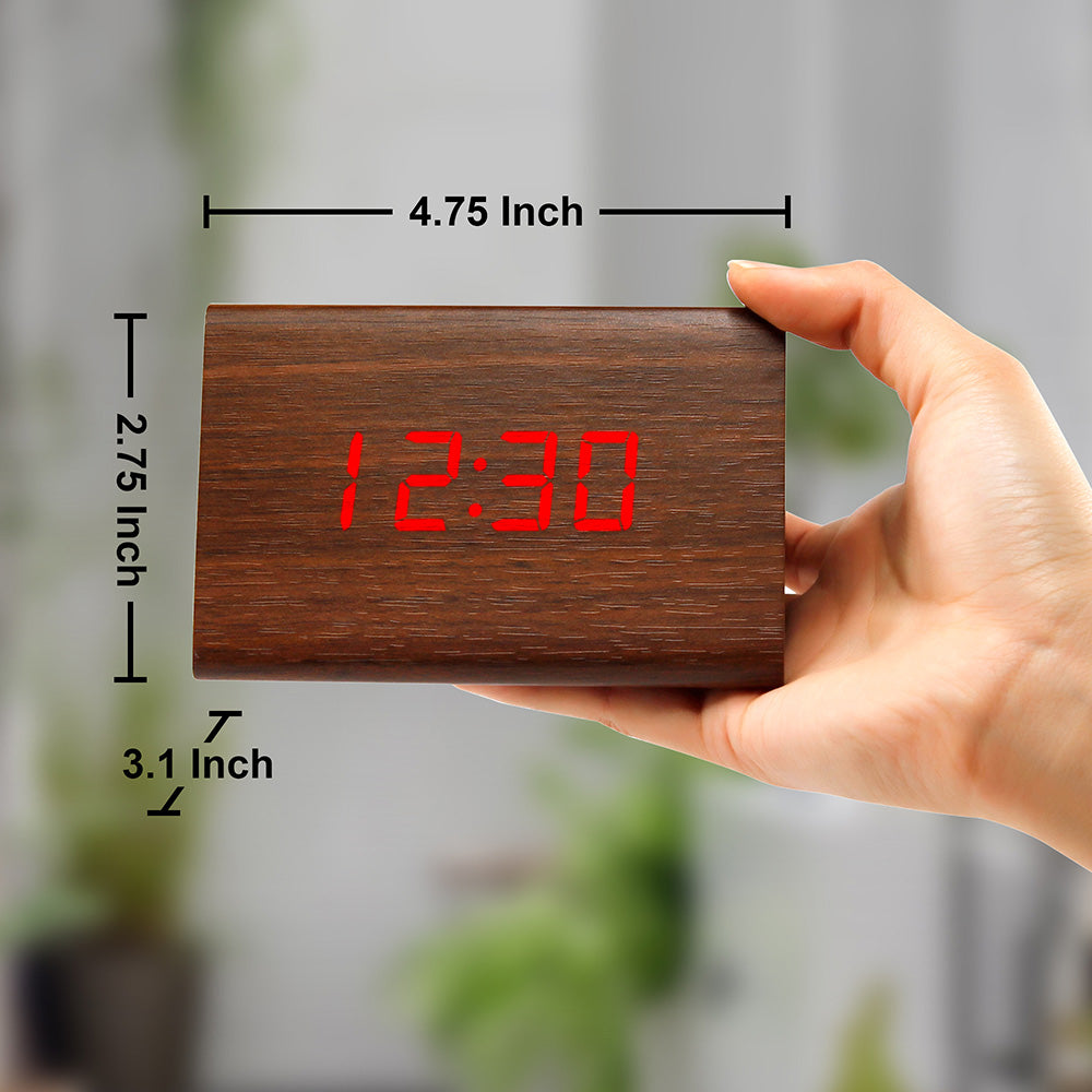 OCT17 Wooden Wood Clock , 2020 New Version LED Alarm Digital Desk Clock Adjustable Brightness, Alarm Time, Displays Time Date Temperature