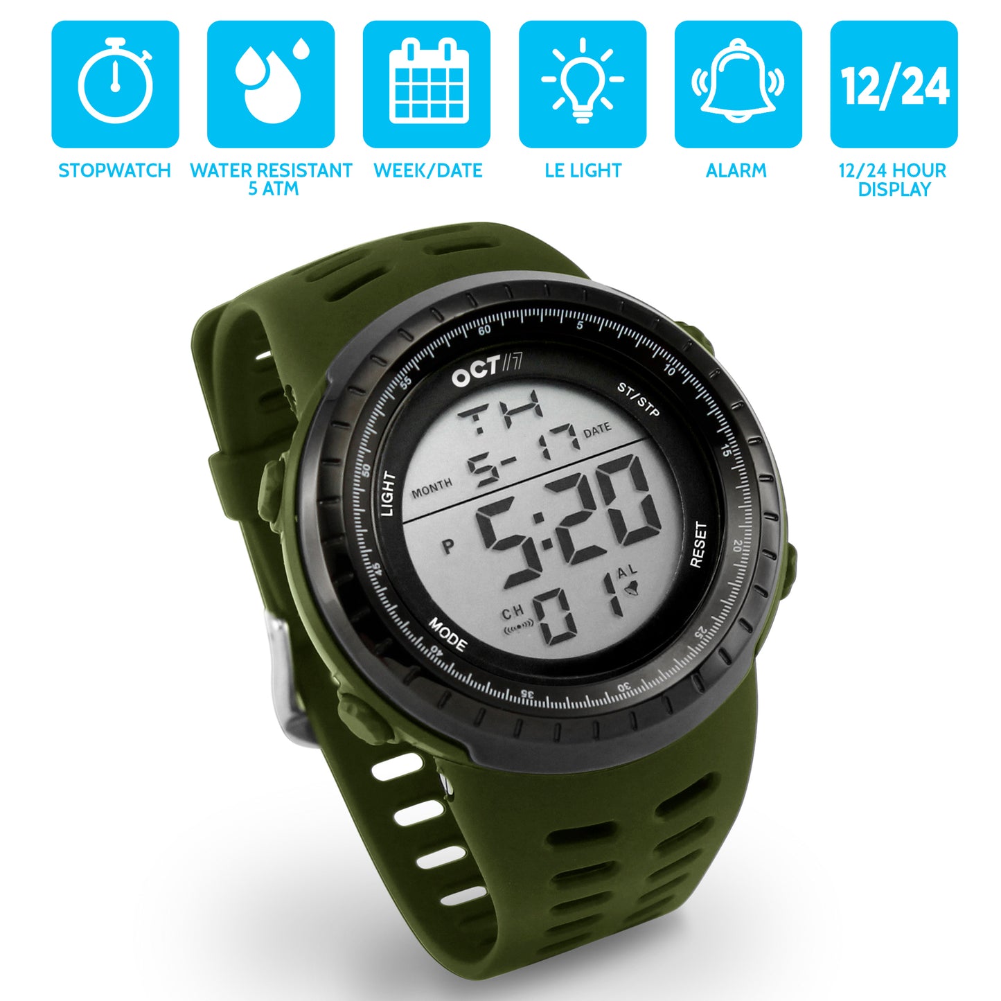 OCT17 Men's Mens Digital Sports Outdoor Watch Military Army Waterproof Fashion Casual Wristwatch Calendar Stopwatch Alarm LED Light