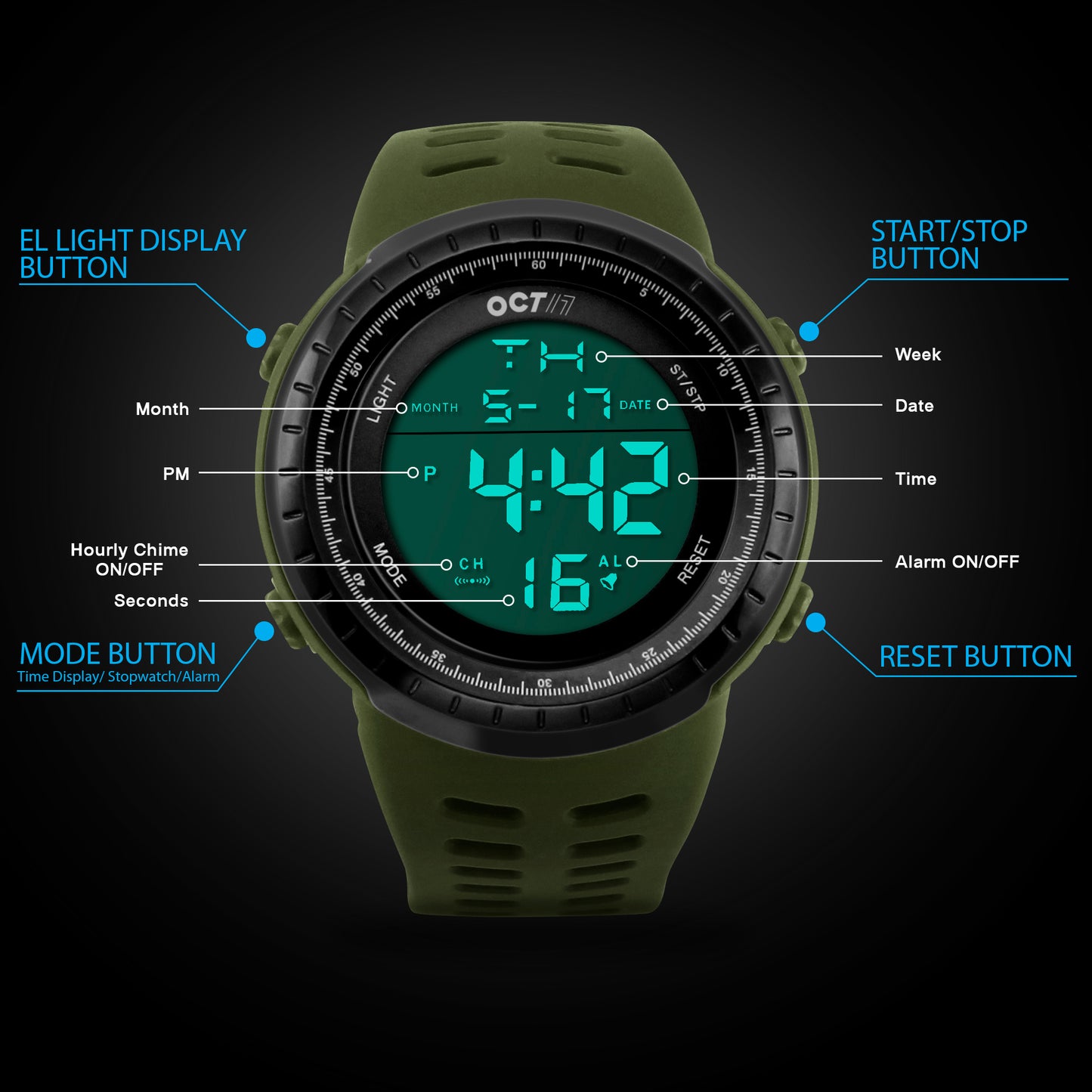 OCT17 Men's Mens Digital Sports Outdoor Watch Military Army Waterproof Fashion Casual Wristwatch Calendar Stopwatch Alarm LED Light