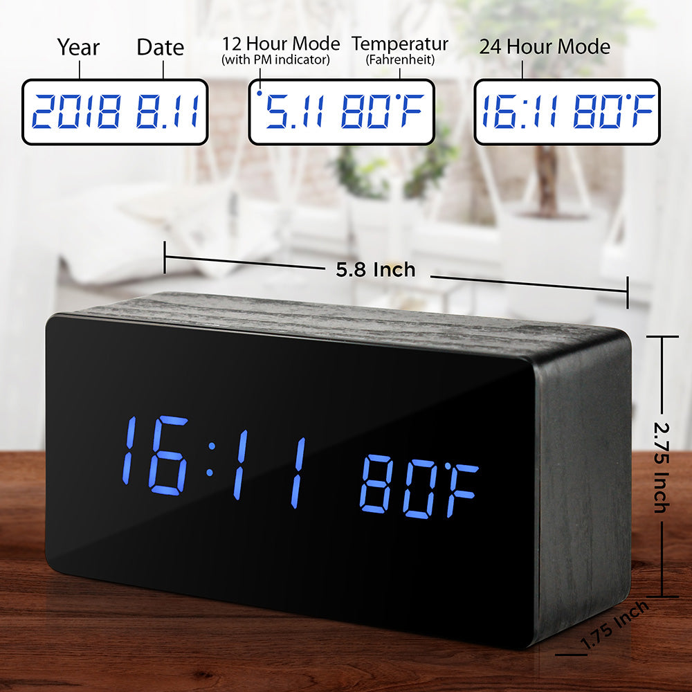 OCT17 Wooden Alarm Clock Mirror Screen Digital Adjustable Digital Clocks LED Voice Control Display Time Date Wood Modern Office Home