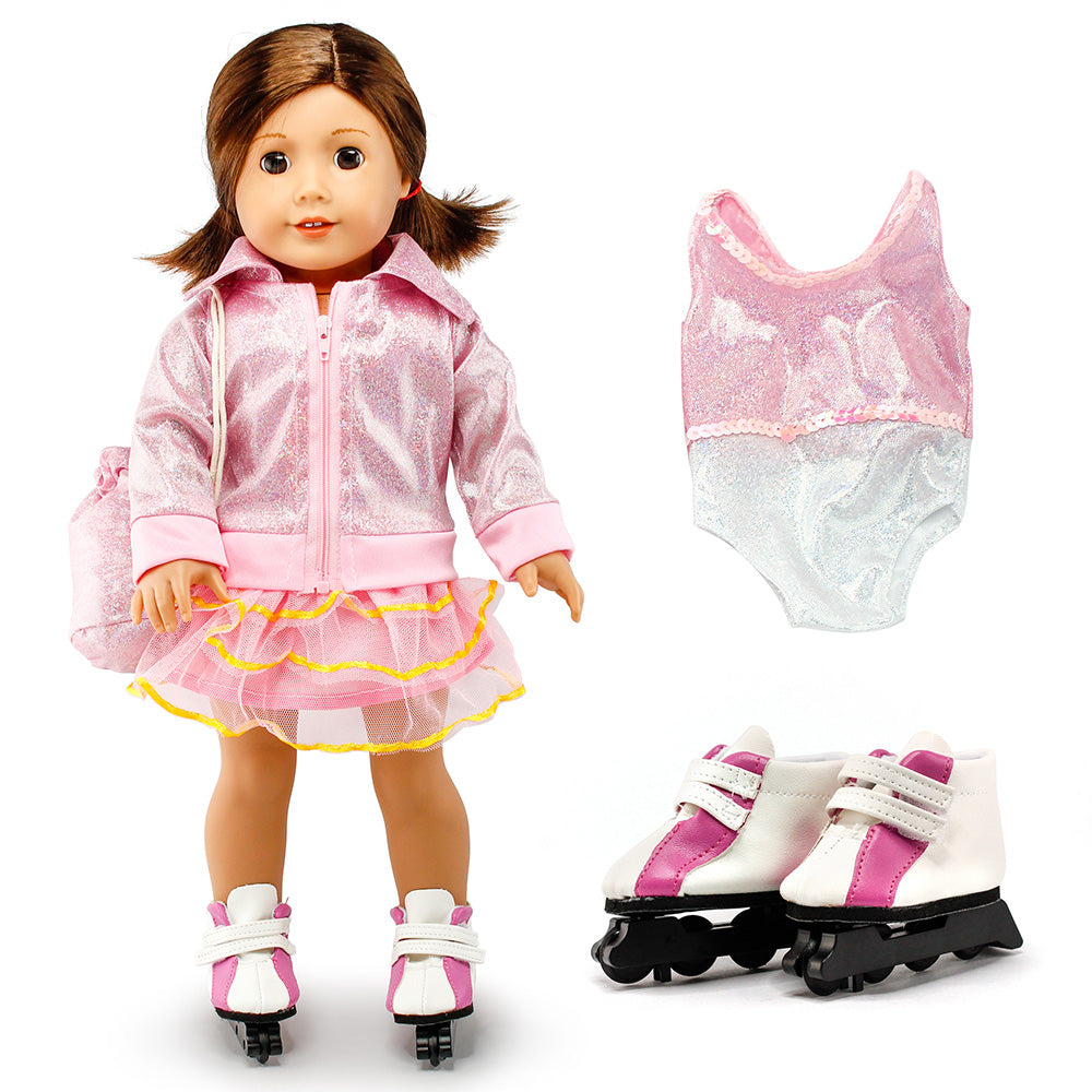 Oct17 Fits Compatible with American Girl 18" Skating Outfit 18 Inch Doll Clothes Accessories Costume Set Pink Bodysuit Bag Coat Skate Shoes