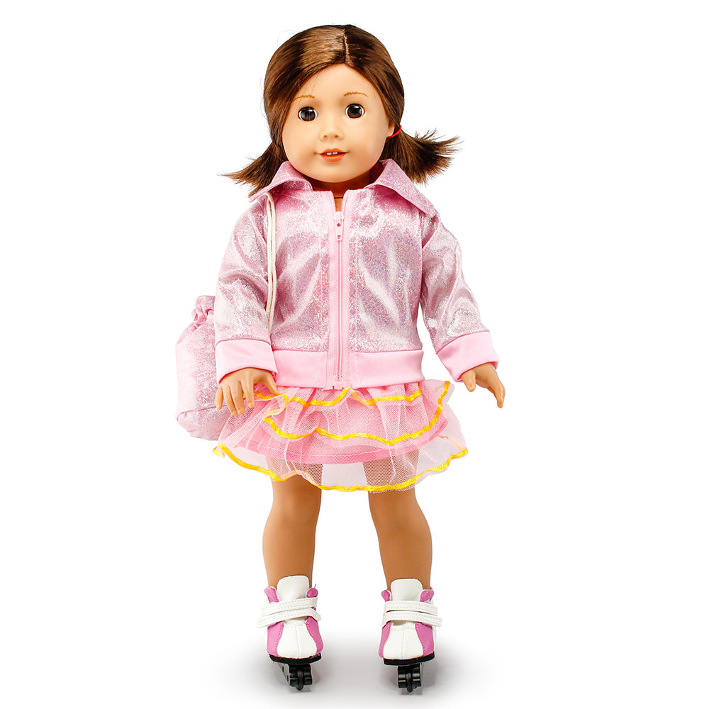 Oct17 Fits Compatible with American Girl 18" Skating Outfit 18 Inch Doll Clothes Accessories Costume Set Pink Bodysuit Bag Coat Skate Shoes