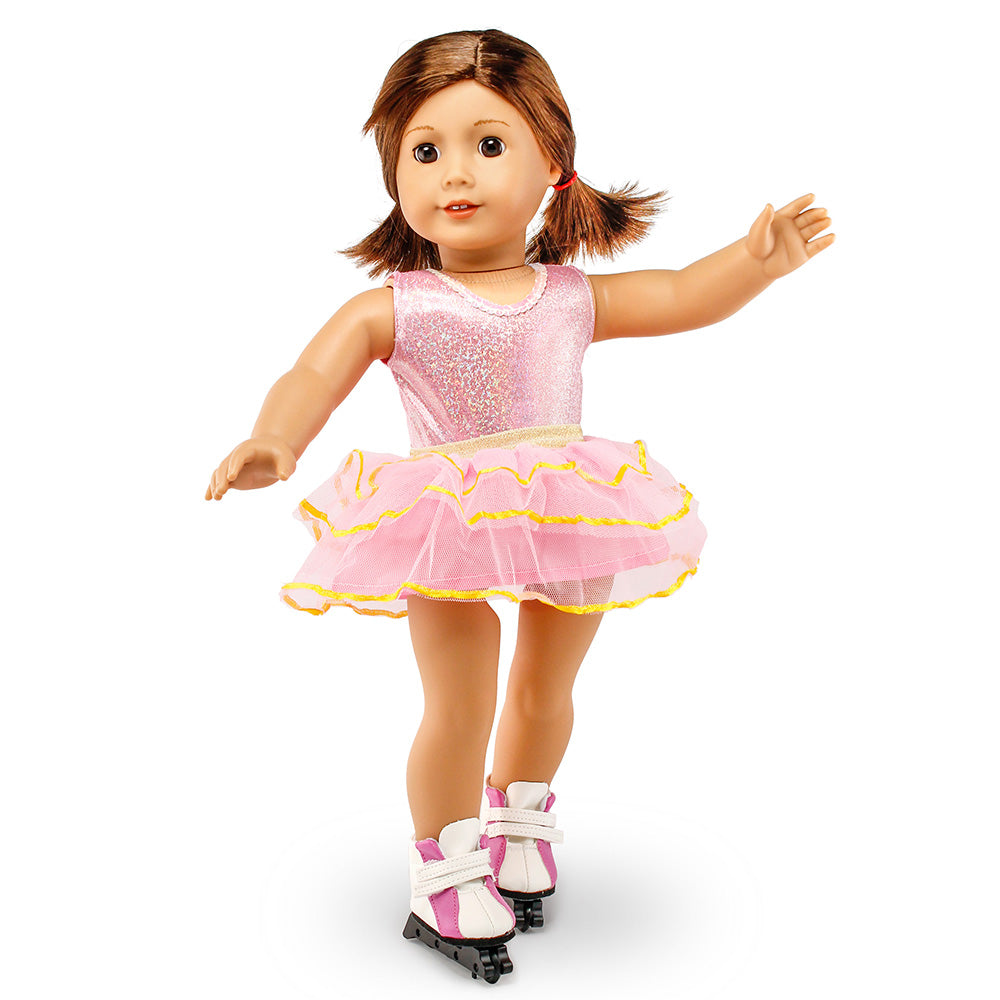 Oct17 Fits Compatible with American Girl 18" Skating Outfit 18 Inch Doll Clothes Accessories Costume Set Pink Bodysuit Bag Coat Skate Shoes