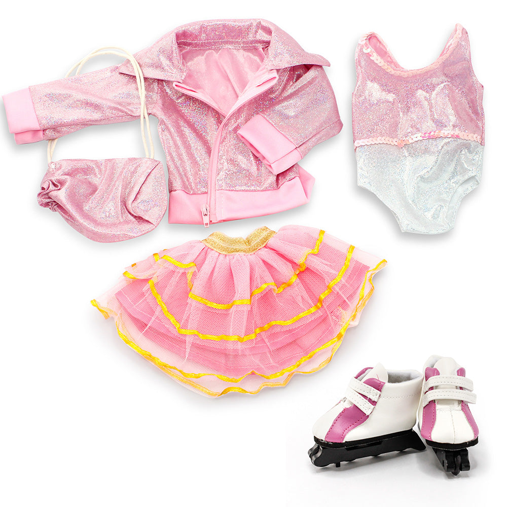 Oct17 Fits Compatible with American Girl 18" Skating Outfit 18 Inch Doll Clothes Accessories Costume Set Pink Bodysuit Bag Coat Skate Shoes