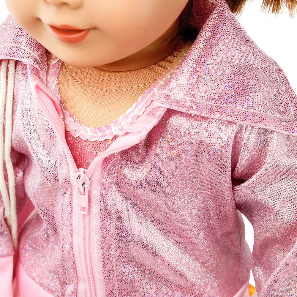 Oct17 Fits Compatible with American Girl 18" Skating Outfit 18 Inch Doll Clothes Accessories Costume Set Pink Bodysuit Bag Coat Skate Shoes