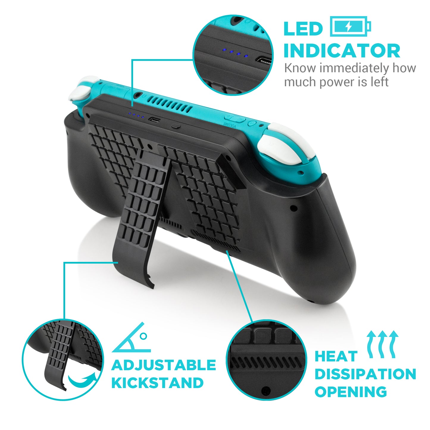 8000 MAH USB-C PD External Battery Charging Case for Nintendo Switch Lite with Built-In Kick Stand, Power Bank Travel Backup & Charger Cable